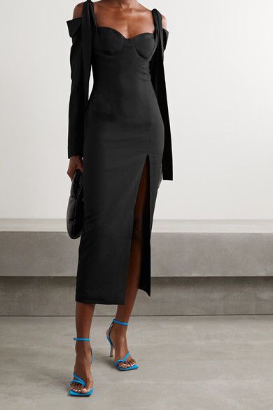 lady models in Black Cold-shoulder Midi Dress