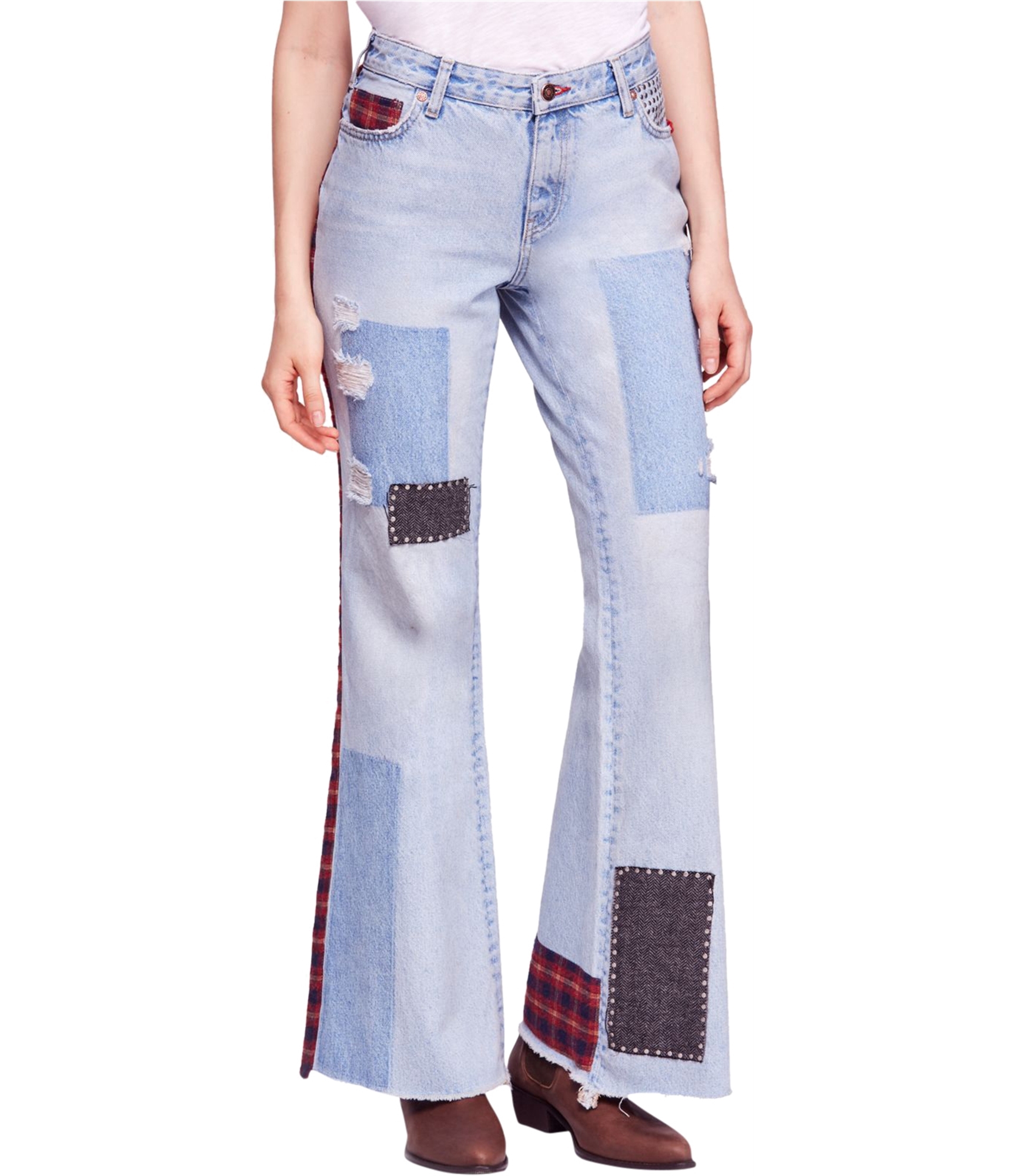 Free People Womens Mixed Patch Wide Leg Jeans