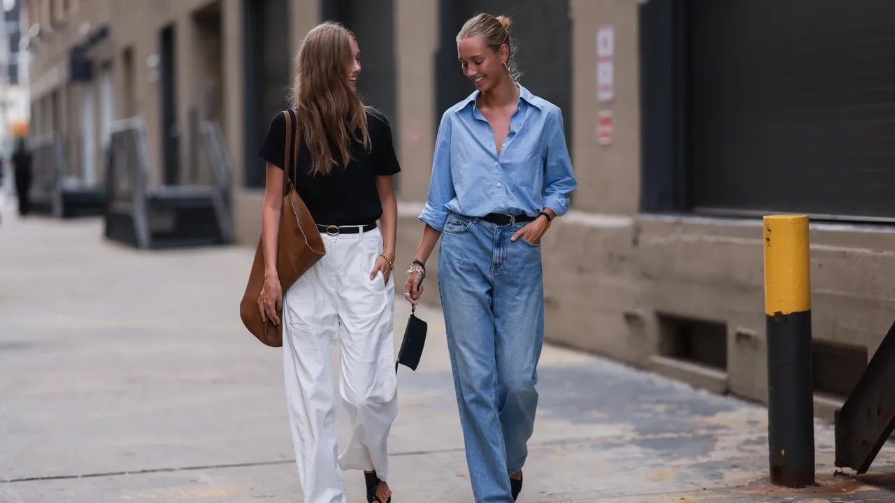 lady on the right models in blue shirt and blue Wide Leg Jeans