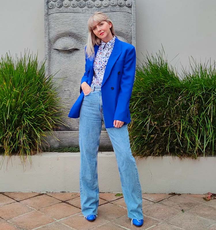 lady models in blue tailored blazer and Wide Leg Jeans