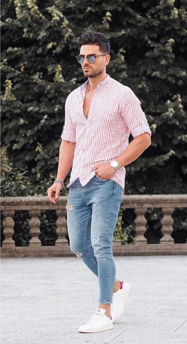 Man models in straight leg jeans and button down shirt