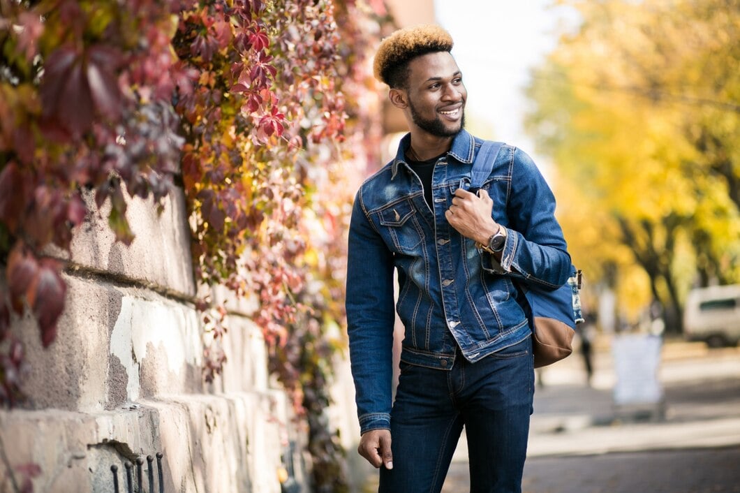 Man models in straight leg jeans and denim jacket