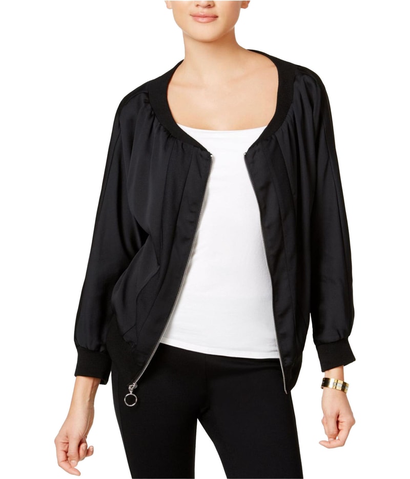 bar III Womens Off-The-Shoulder Bomber Jacket in Black