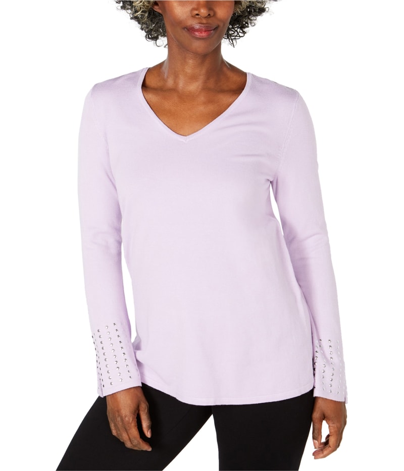 JM Collection Womens Studded Cuff Pullover Sweater in Purple