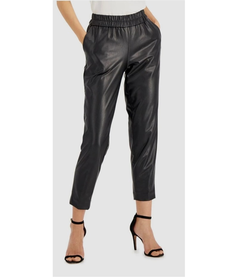 Anne Klein Womens Faux Leather Straight Leg Slim Casual Pants in Black