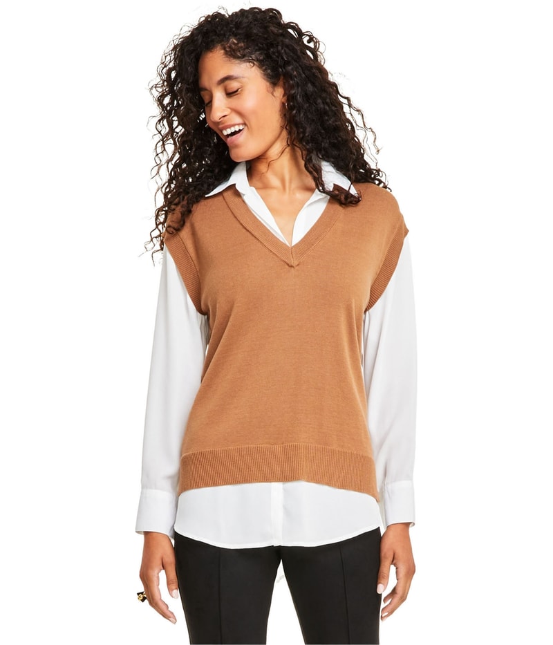 Anne Klein Womens Layered-Look Knit Blouse in White and Brown