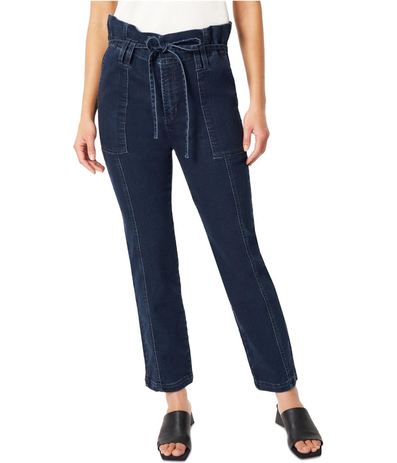 Jones New York Womens Belted Paperbag Waist Straight Leg Curvy Jeans in Dark Blue