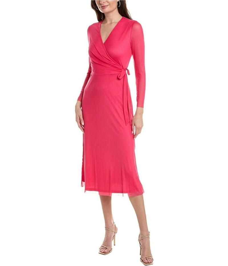 Anne Klein Womens Mini Wrap Peasant Dress in Pink