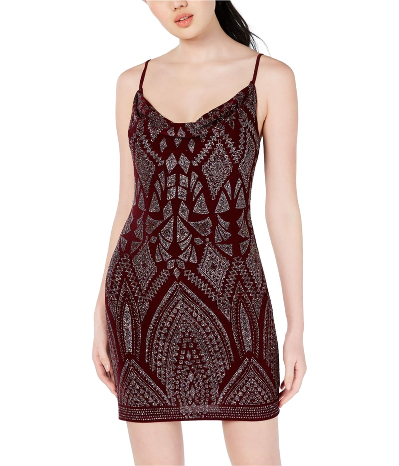 Jump Apparel Womens Drape-Front Glitter Bodycon Dress in Wine