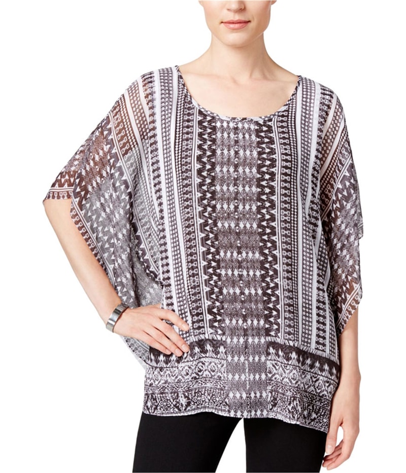 JM Collection Womens Printed Butterfly-Sleeve Shell Blouse in Black
