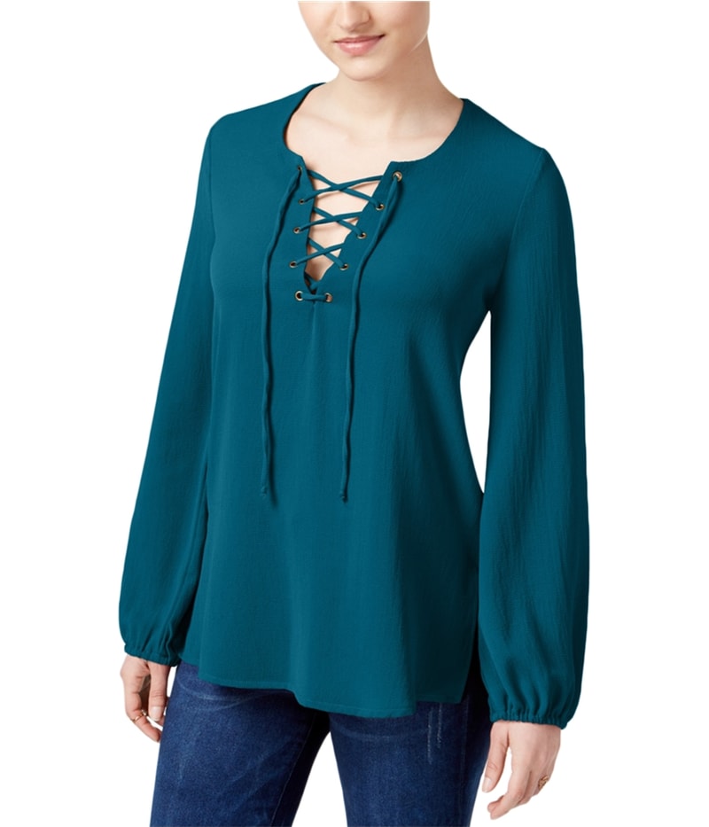 Belle du Jour Womens Lace-Up Knit Blouse in Blue