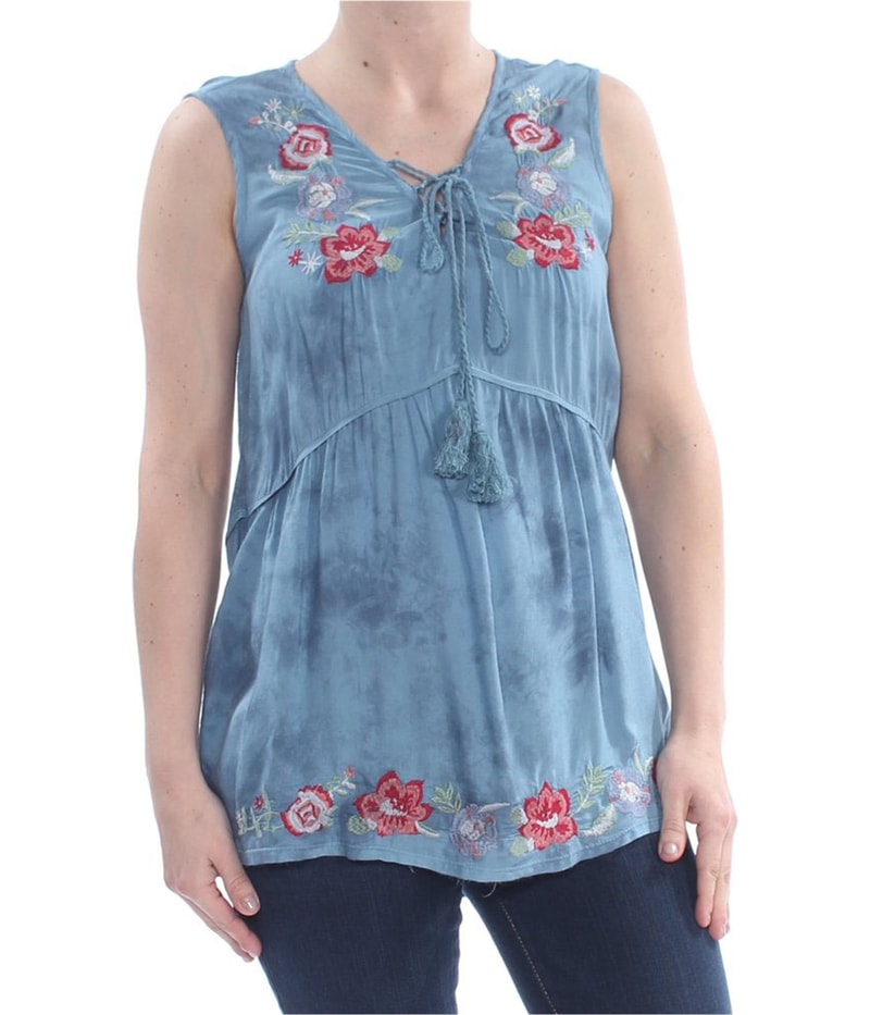 Vintage America Womens Floral Embroidered Sleeveless Blouse Top in Navy