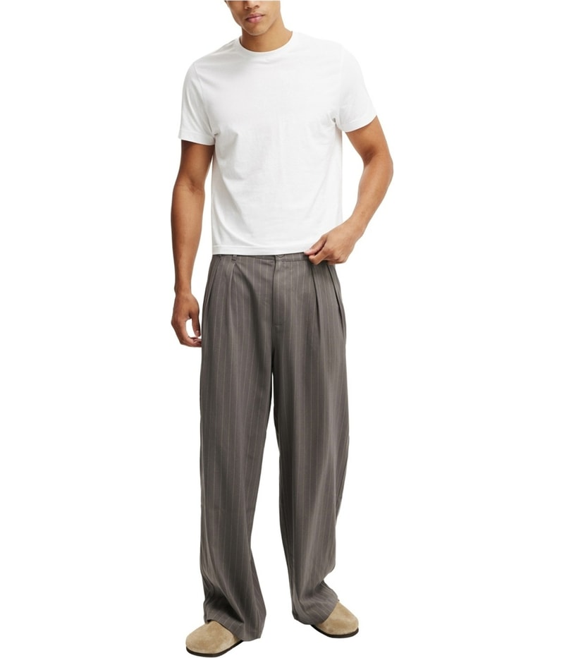 Cotton On Mens Super Baggy Pleated Pinstripe Wide Leg Loose Dress Pant Slacks in Gray