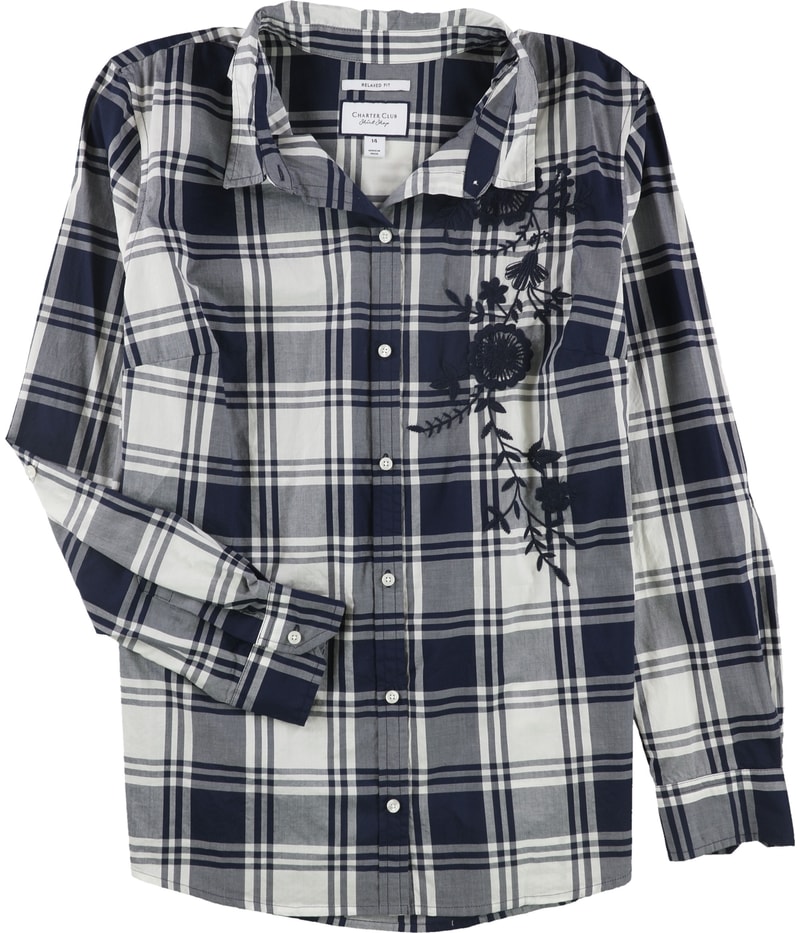 Charter Club Womens Embroidered Plaid Button Up Shirt in Navy
