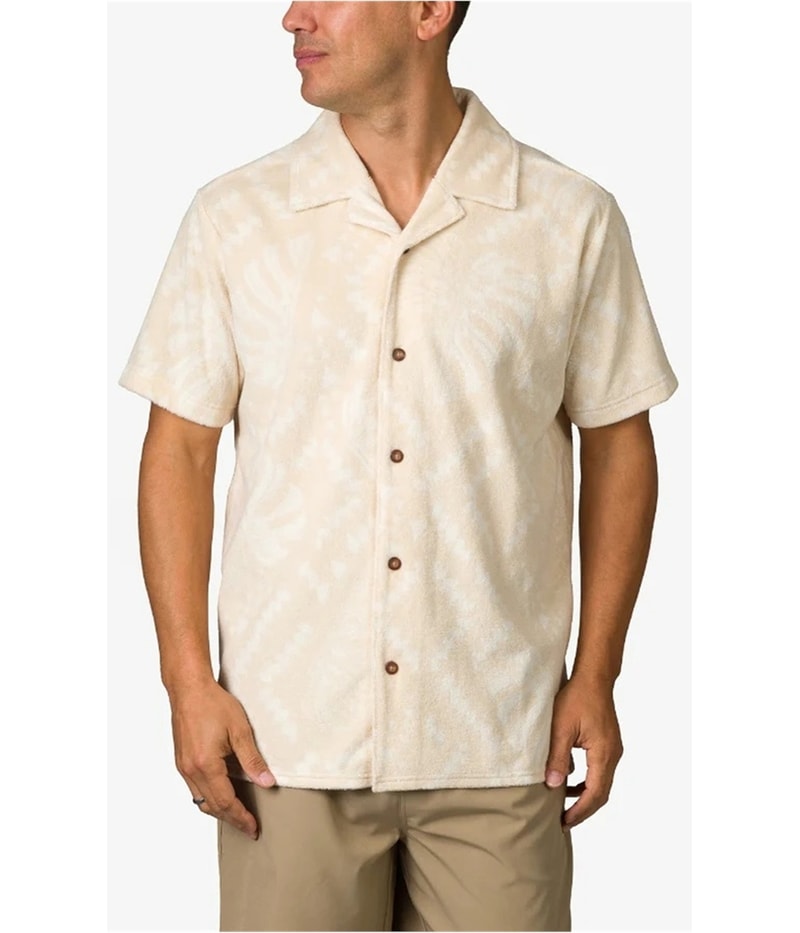 Reef Mens Novak Terry Towel Button Up Shirt in Beige