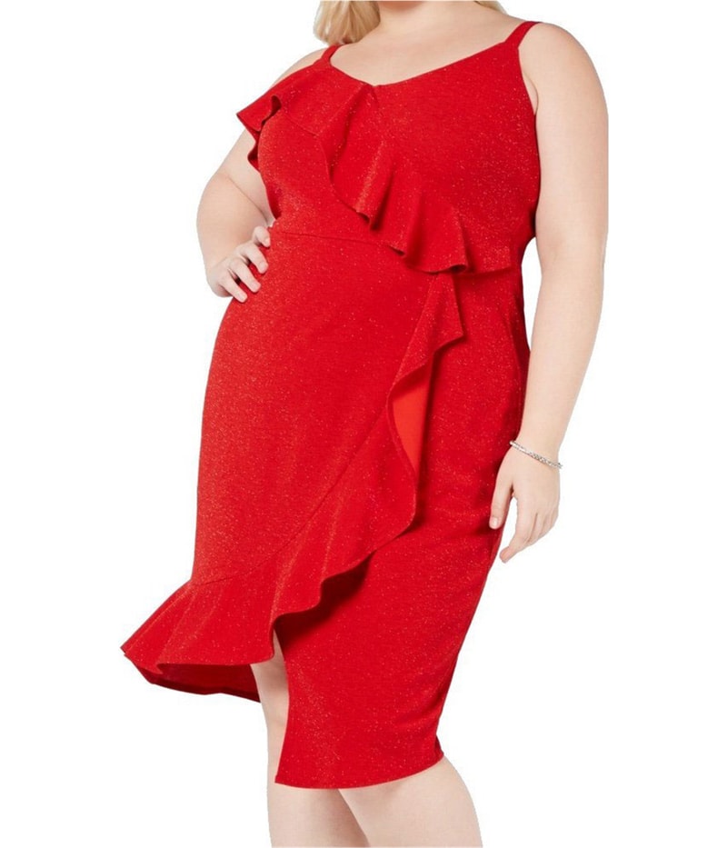 Love Squared Womens Ruffled Asymmetrical Dress in Red
