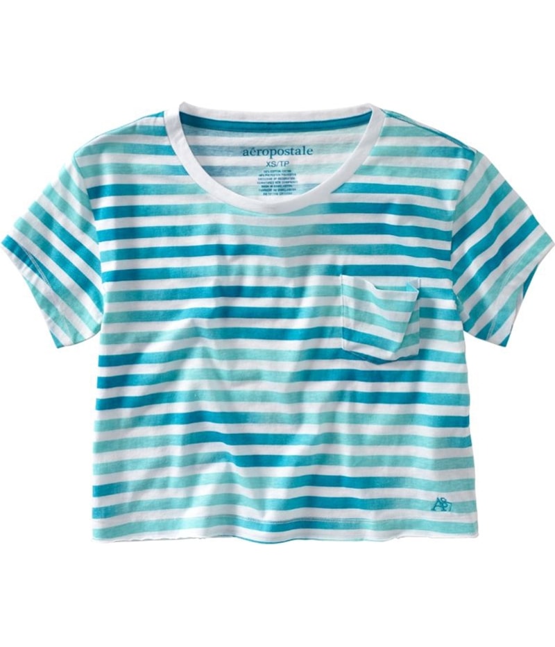Aeropostale Womens Stripe Cropped Pocket Graphic T-Shirt in Blue