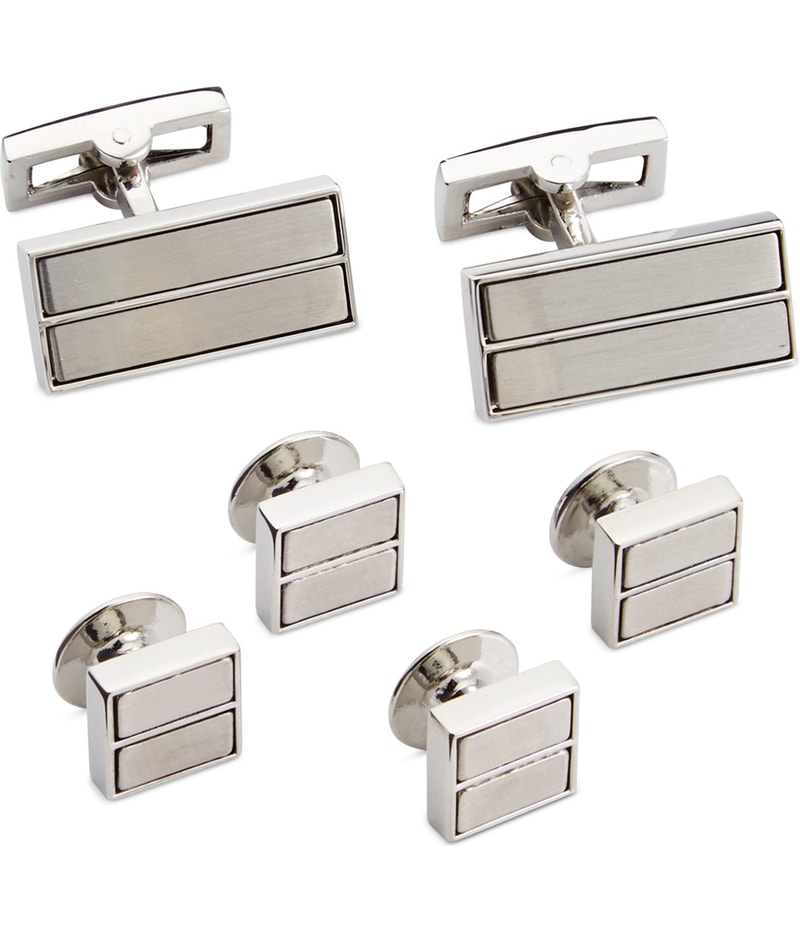 Ryan Seacrest Mens Rhodium Inserts Neck Tie Set in Silver