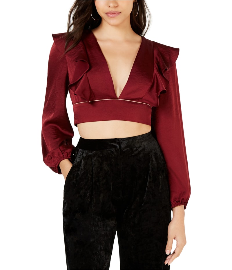Leyden Womens Plunging Ruffled Crop Top Blouse in Red