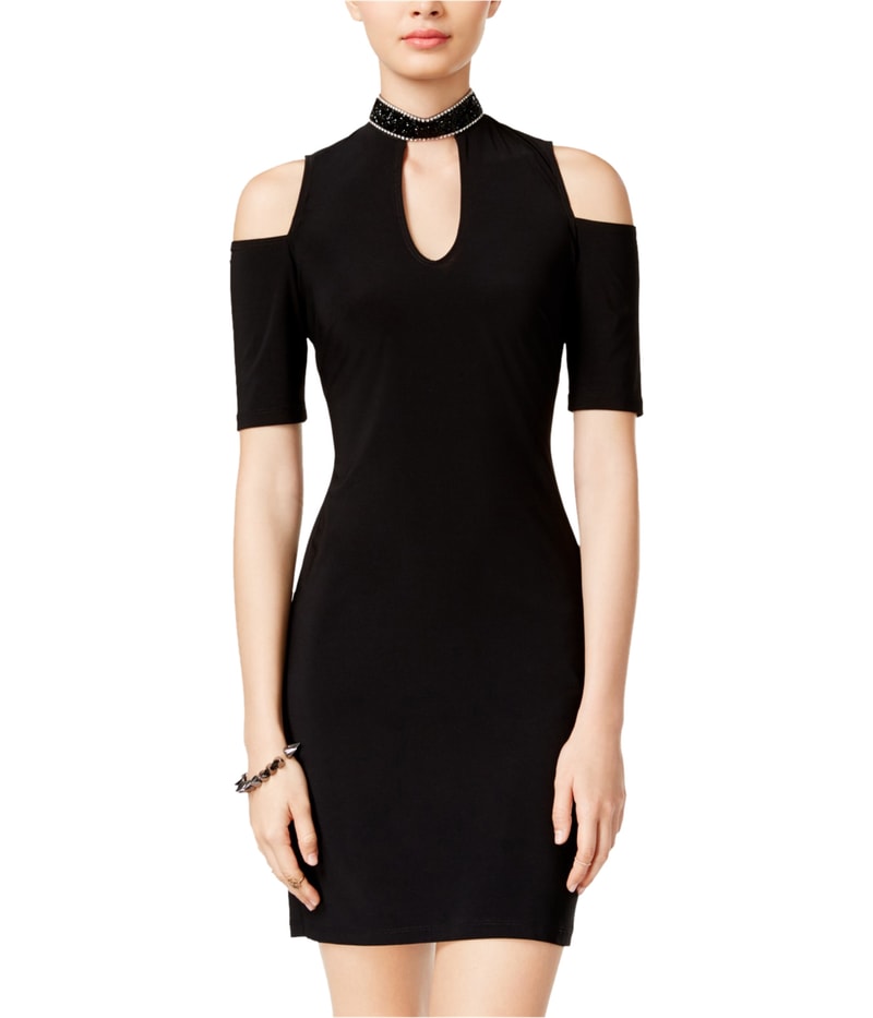 Jump Apparel Womens Embellished Cold-Shoulder Sheath Dress in Black