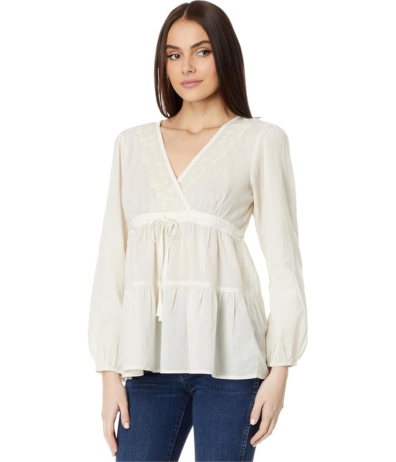 Lucky Brand Womens Embroidered Babydoll Baby Doll Blouse