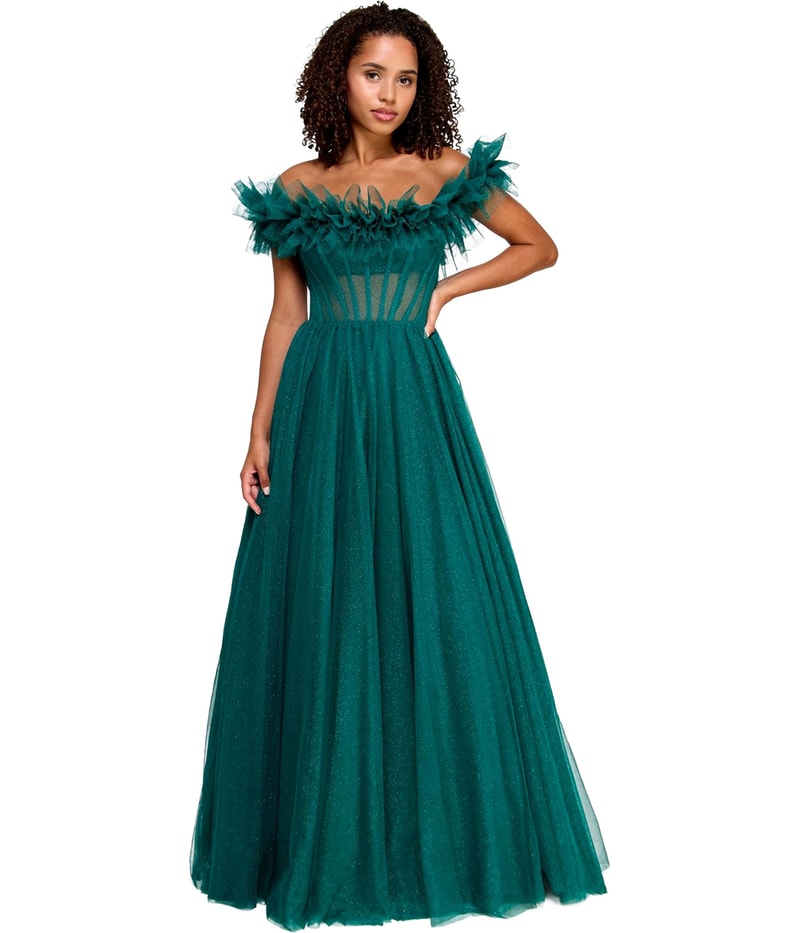 Say Yes to the Prom Womens Sheer Boned Bodice Ruffled Prom Dress Off-Shoulder Gown Dress in Green
