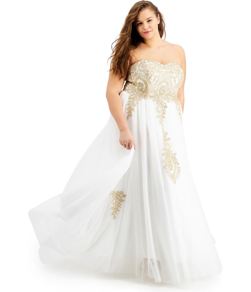 Say Yes to the Prom Womens Embellished Strapless Gown Dress in Gold