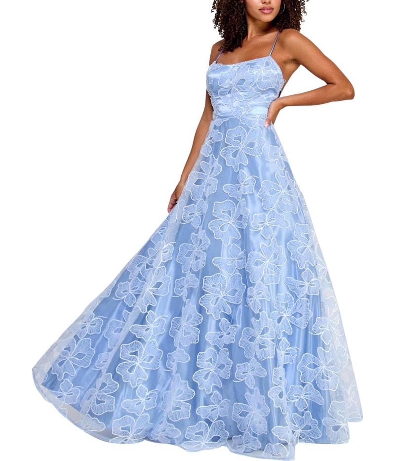 Say Yes to the Prom Womens Sequin Lace Strappy Gown Dress in Medium Blue