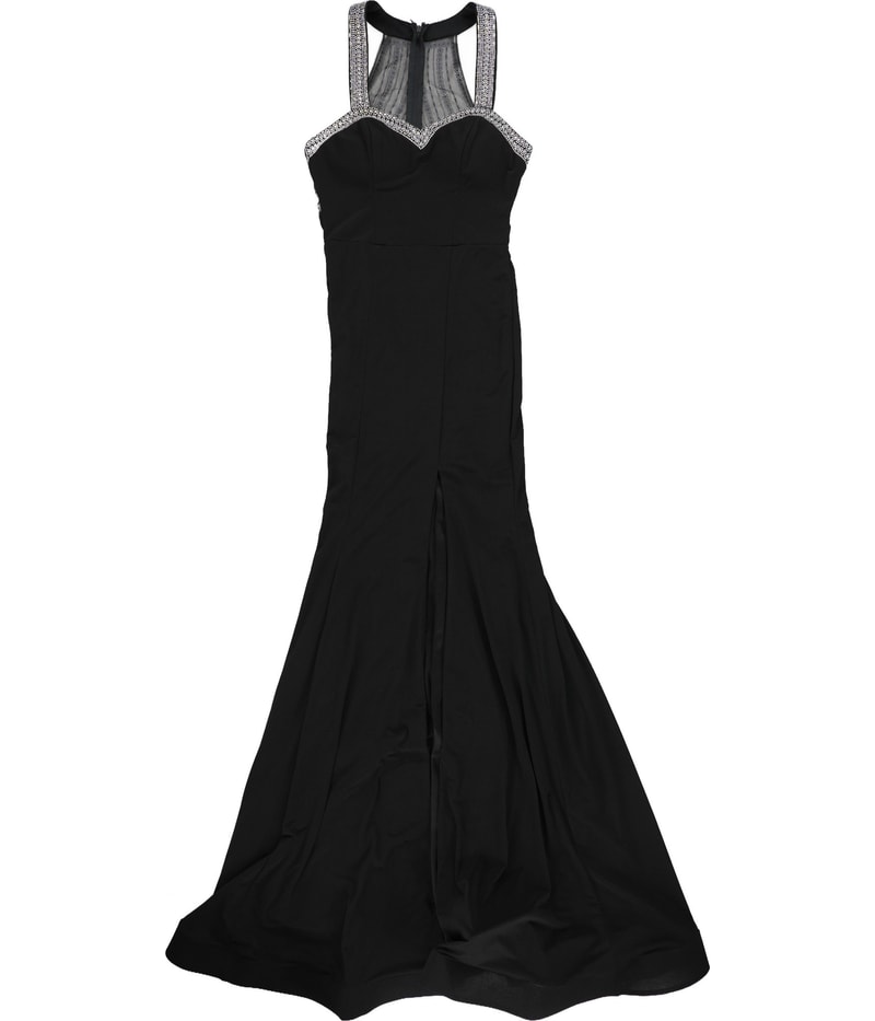 Say Yes to the Prom Womens Beaded Slit Gown Dress in Silver