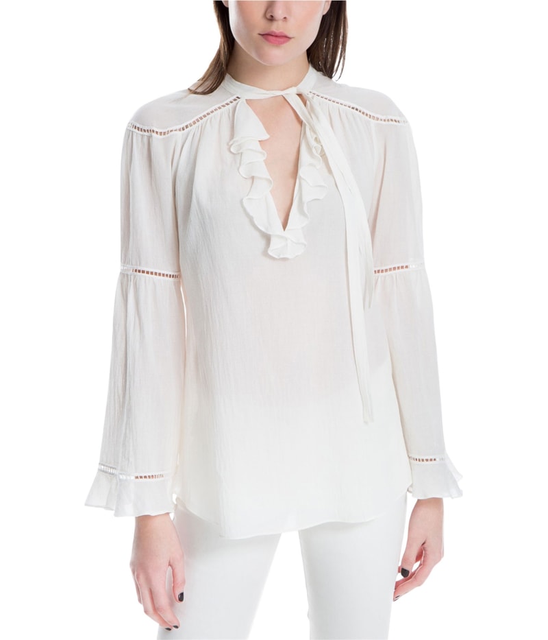 Max Studio London Womens Tie Neck Knit Blouse in White