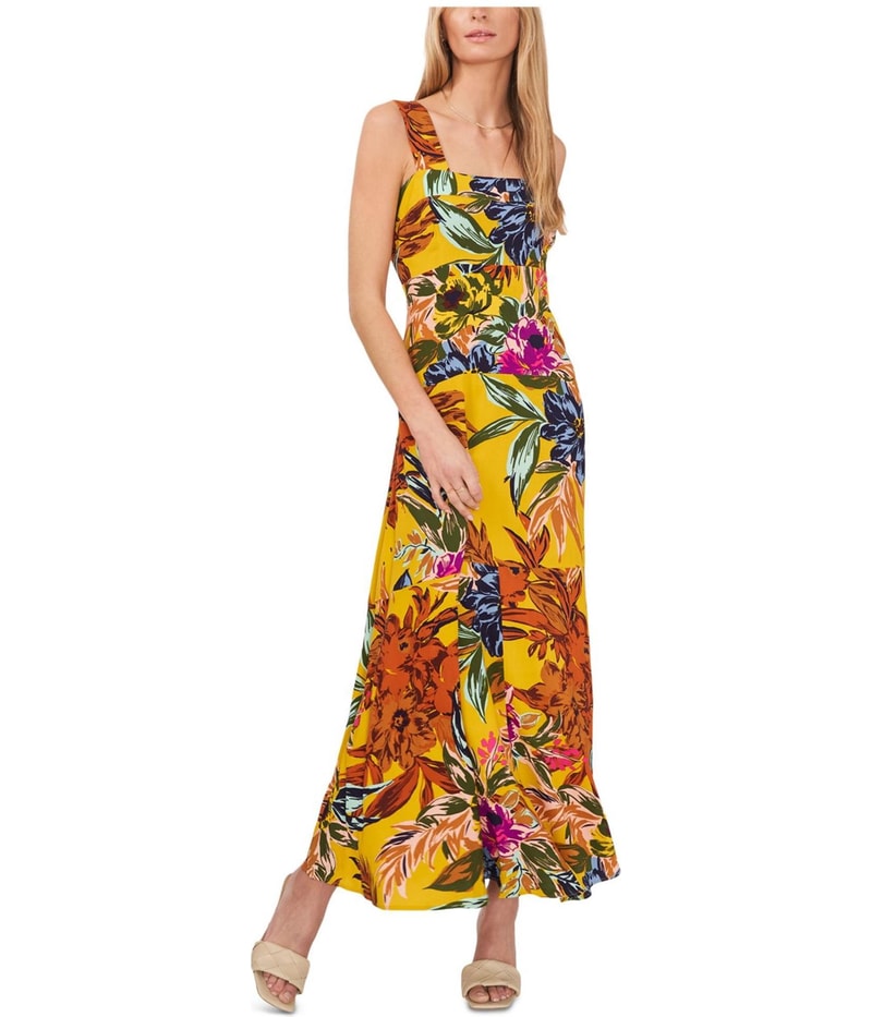 Vince Camuto Womens Floral Print Challis Smock Maxi Dress
