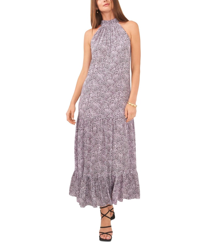 Vince Camuto Womens Tie Neck Tiered Ruffled Maxi Dress in Black and Pink