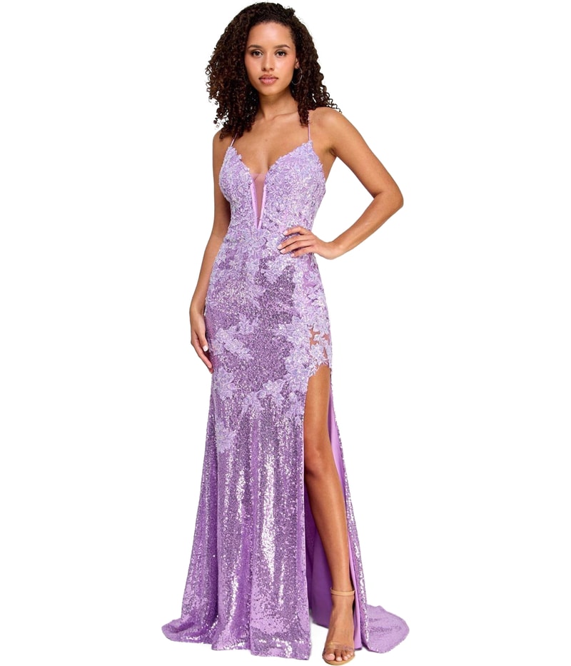 Say Yes to the Prom Womens Sequins Maxi Gown Dress in Light Purple
