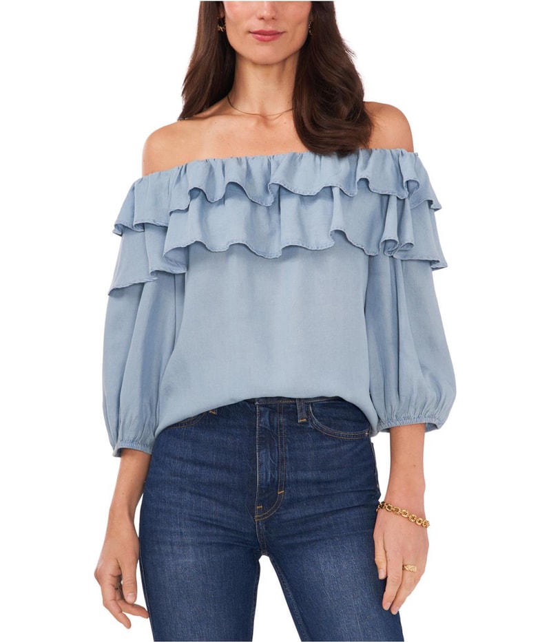 SAM AND JESS Womens Ruffled Off the Shoulder Blouse in Light Blue