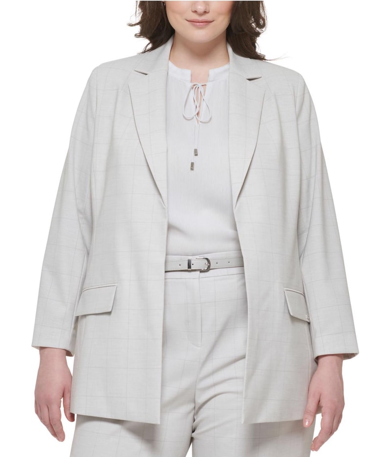Calvin Klein Womens Windowpane Open Front Blazer Jacket in Gray