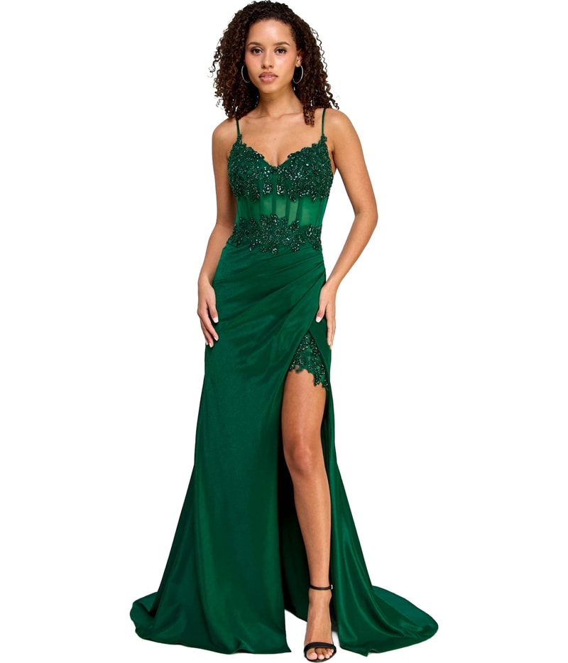 Say Yes to the Prom Womens Beaded Satin Slit Gown Corset Dress in Dark Green