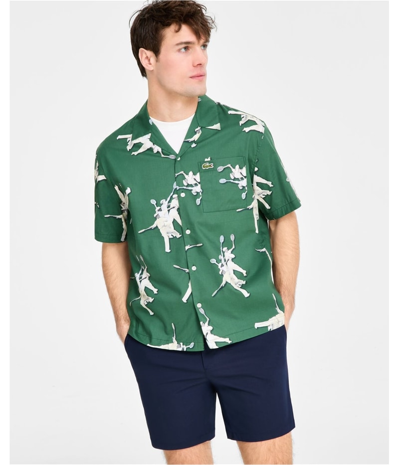 Lacoste Mens Relaxed-Fit Rene Short-Sleeve Button Up Shirt in Beige and Green