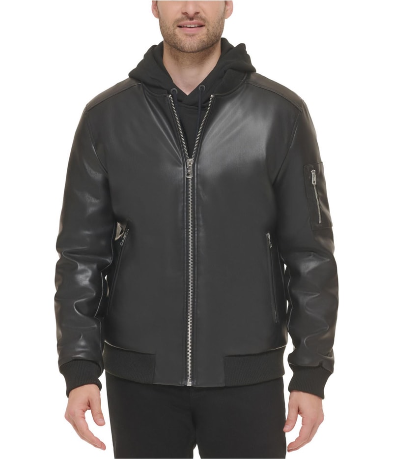 Calvin Klein Mens Faux Leather Rib Knit Trim Bomber Jacket in Black