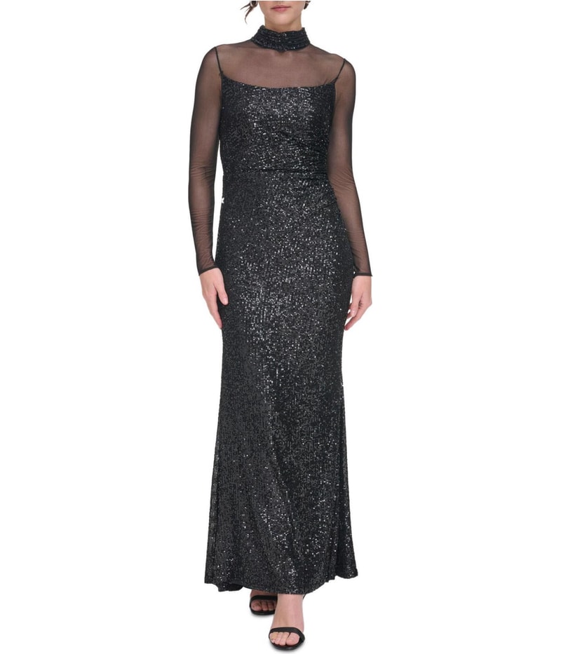 Eliza J Womens Sequin Illusion Gown Dress in Black