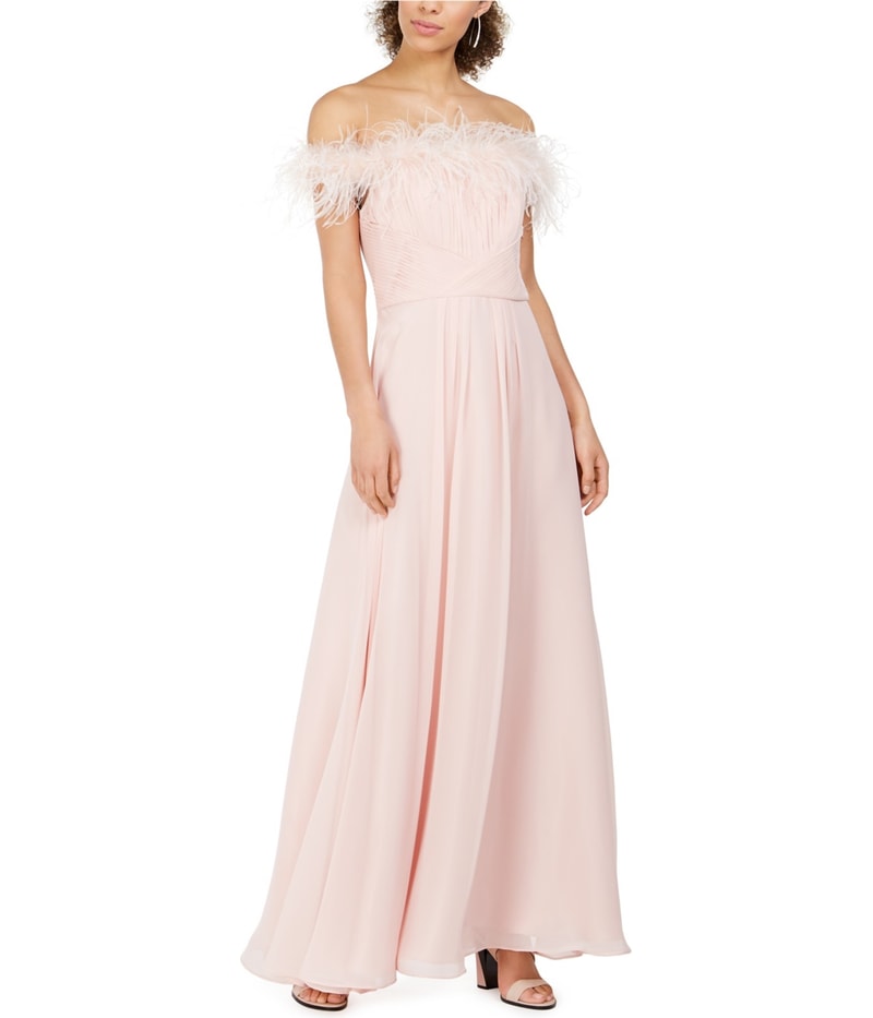 Eliza J Womens Faux-Feather Off-Shoulder Gown Dress in Pink