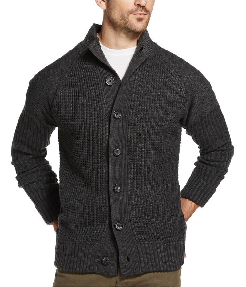 Weatherproof Mens Waffle-Stitch Cardigan Sweater in Gray