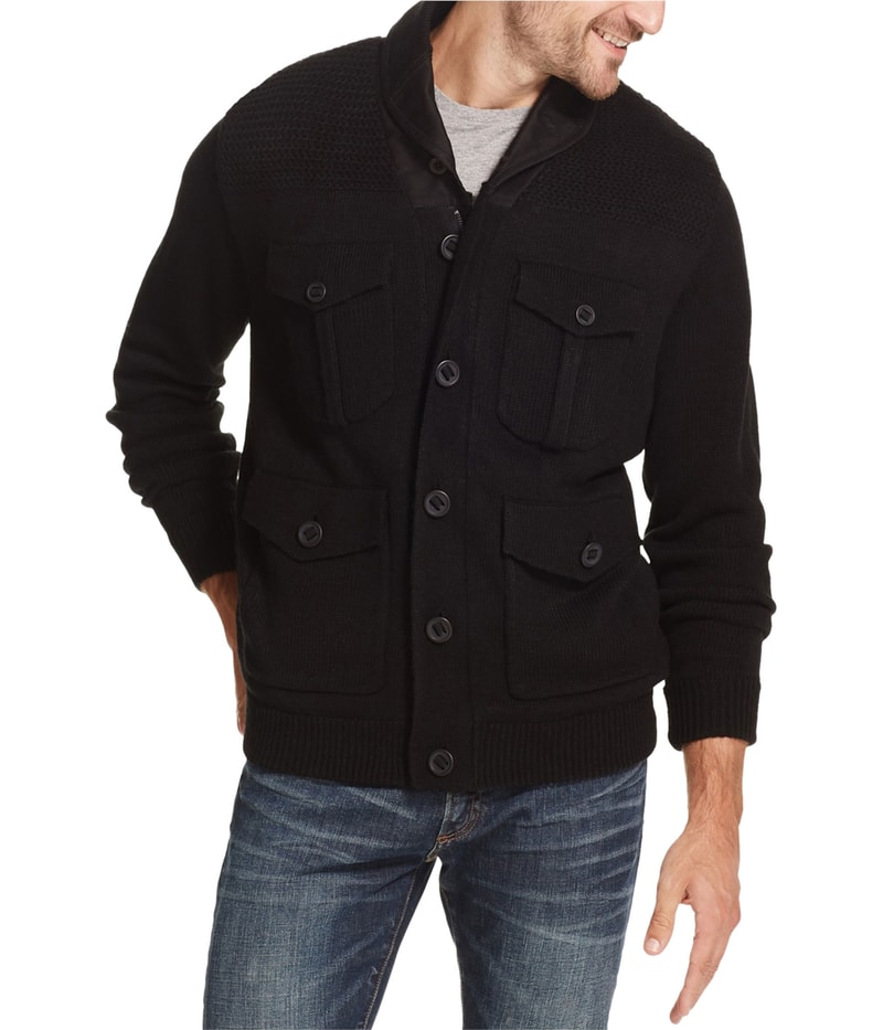 Weatherproof Mens Fleece-Lined 4-Pocket Cardigan Sweater in Black