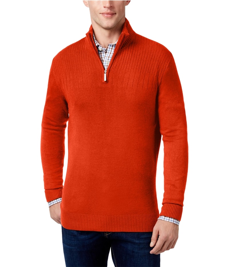 Geoffrey Beene Mens Ribbed Yoke 1/4 Zip Pullover Sweater in Orange