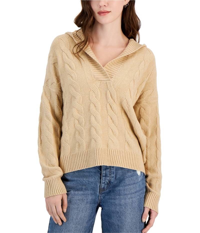 Hippie Rose Womens Cable-Knit Hoodie Sweatshirt in Beige