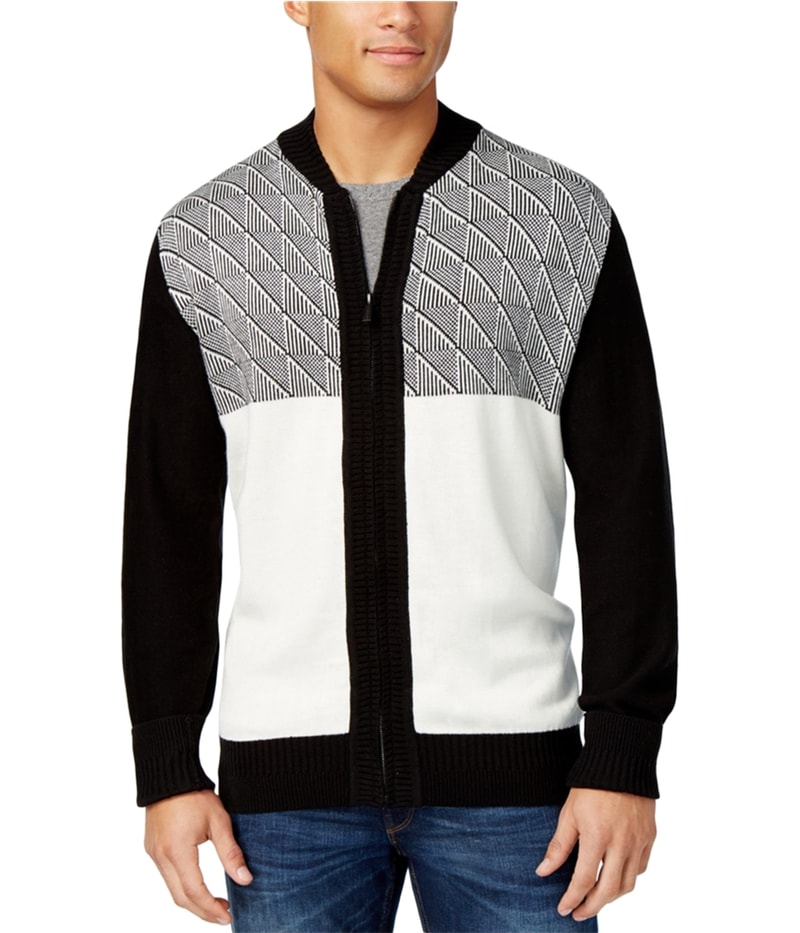 Sean John Mens Jacquard Zip-Up Cardigan Sweater in Black