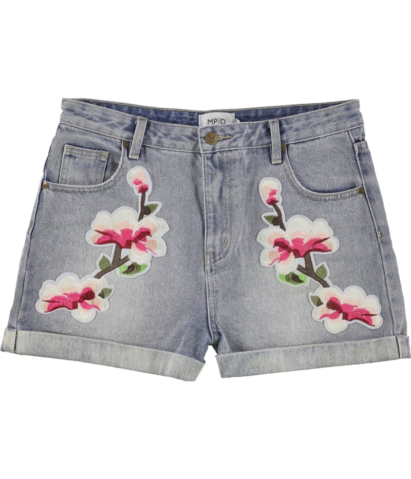 MinkPink Womens Floral Patched Casual Denim Shorts in Blue