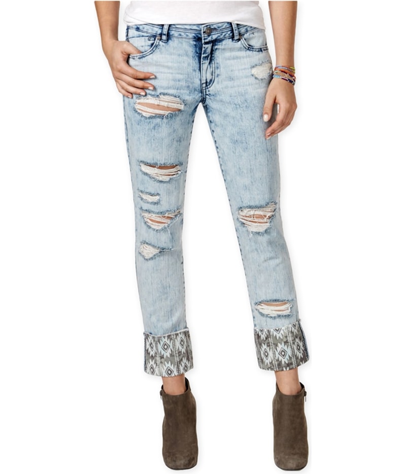 Rewash Womens Ripped Print-Cuff Tapered Slim Cropped Jeans in Blue