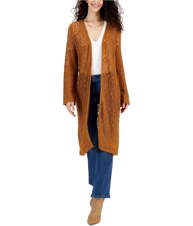 Hooked Up by IOT Womens Pointelle Bell Sleeve Duster Cardigan Sweater