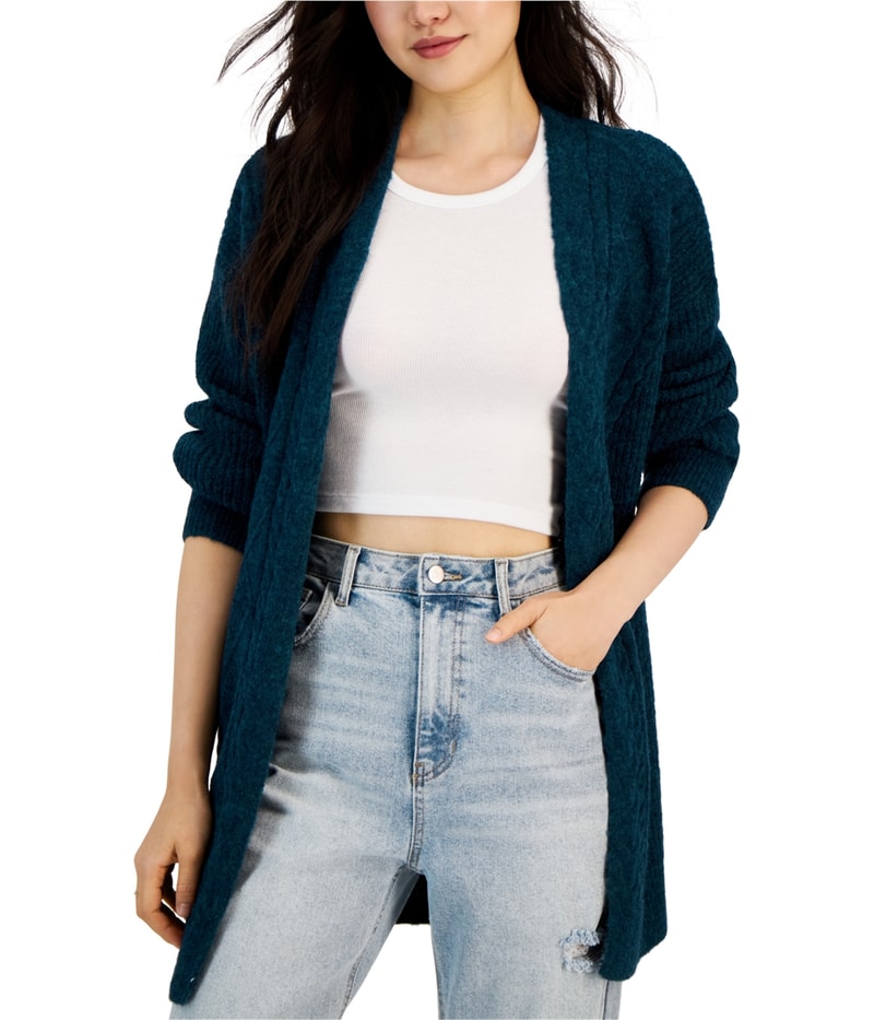 Hooked Up by IOT Womens Fisherman Knit Cardigan Sweater in Blue