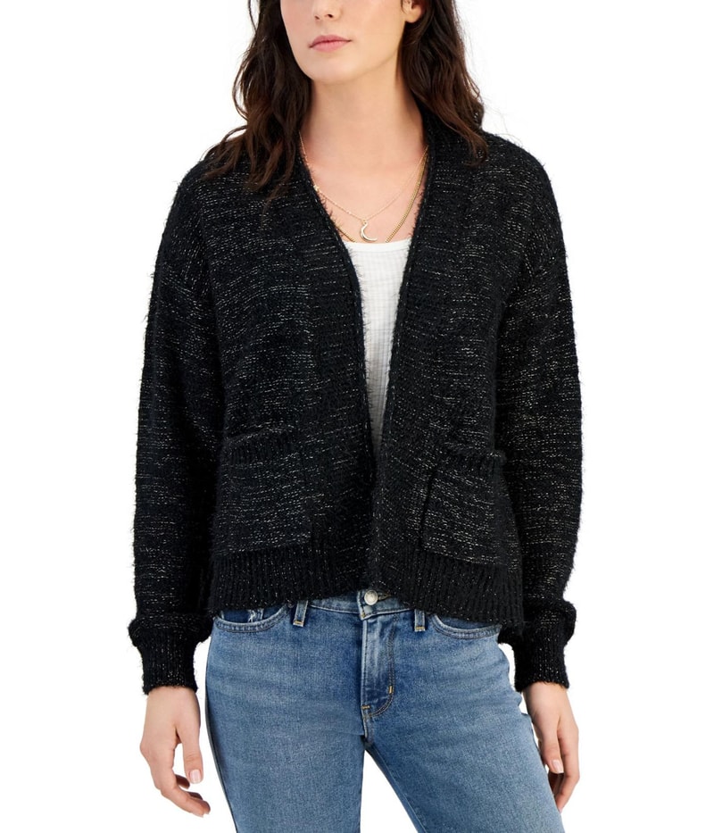 Hooked Up by IOT Womens Lurex Eyelash-Knit Cardigan Sweater